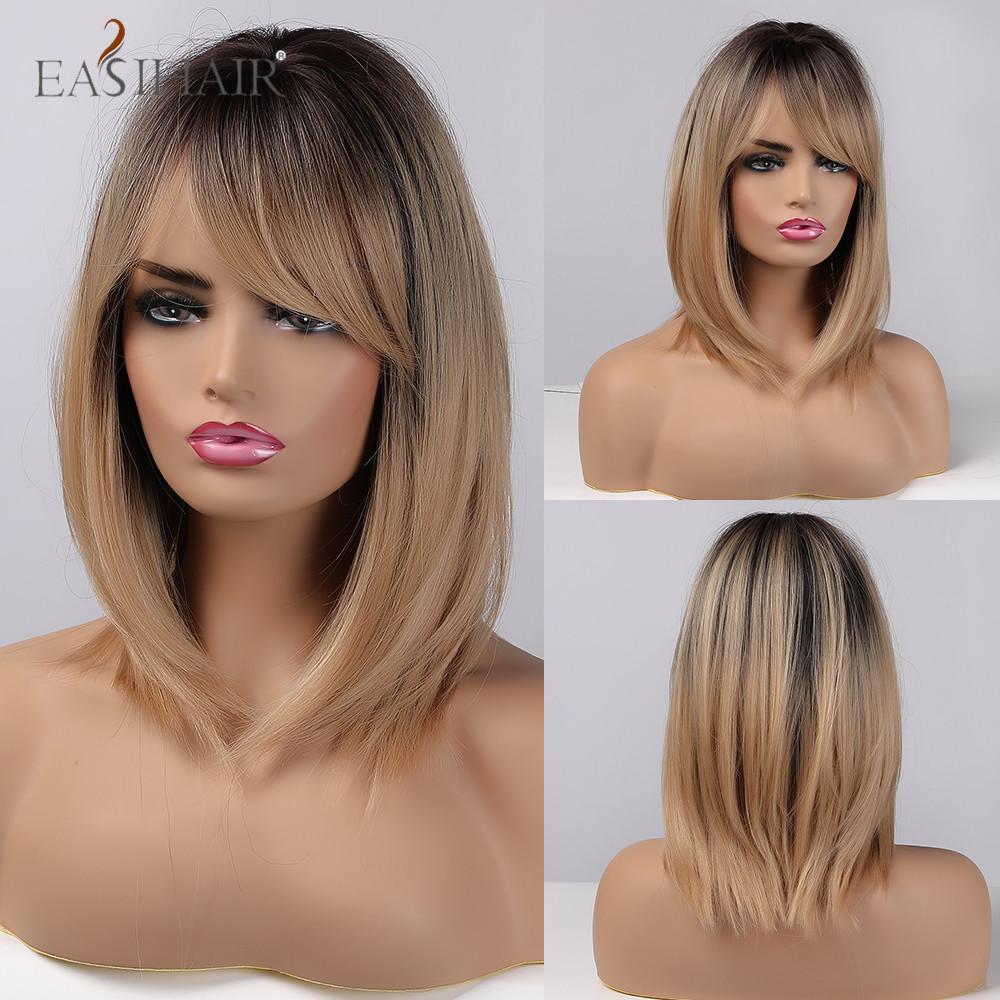 EASIHAIR Synthetic Bob Wigs with Bang Short Straight Light Blonde Beige Natural Hair Wigs for Women Daily Cosplay Heat Resistant