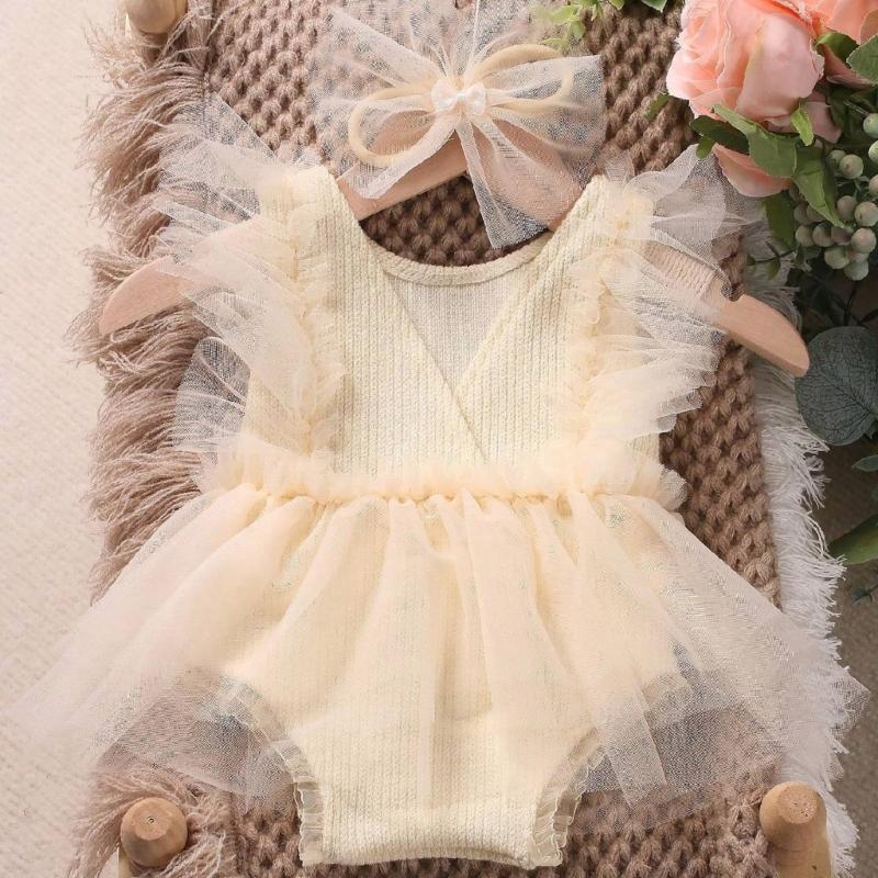 1 Set Photography Outfit for Infant Girls Breathable Romper Dress and Delicate Lace Headband Props for Newborns