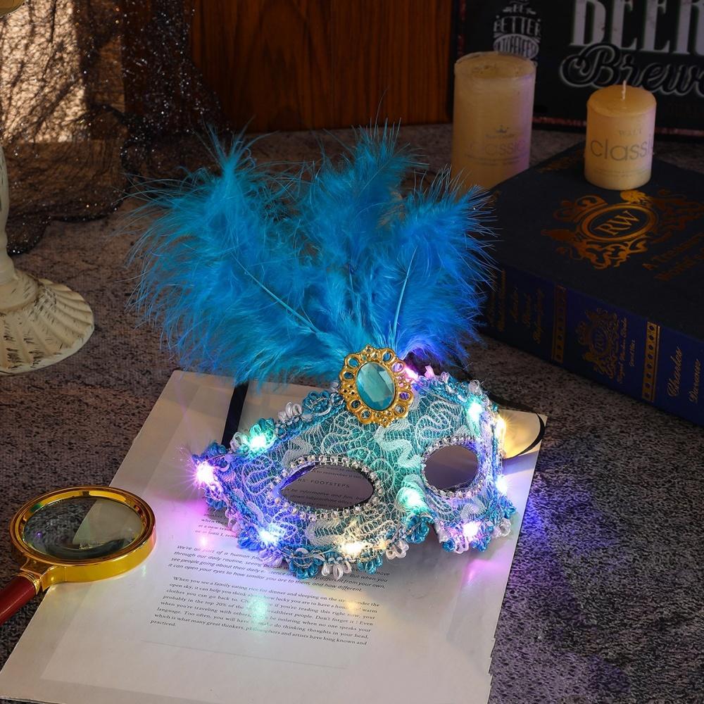 1Pcs Venetian Venice Glowing Feather Led Masks Woman Fancy Dance Party Eye Mask Carnival Halloween Masquerade Cosplay Costume