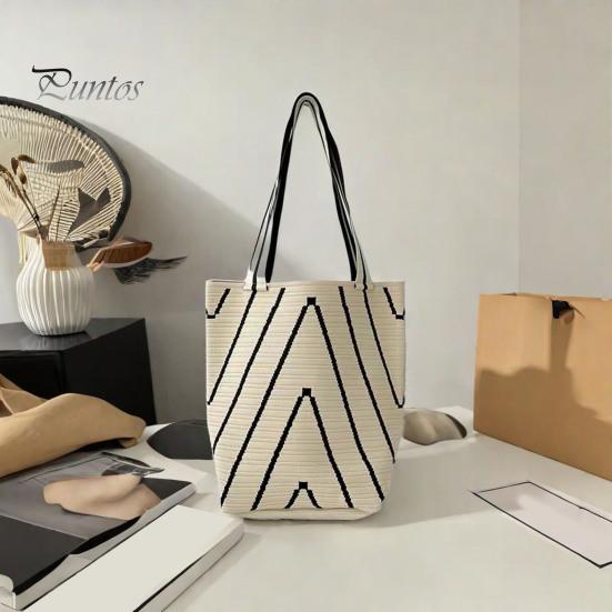 Women Shoulder Bag Wave Braided Texture Contrast Color Large Capacity Open Design Lightweight Portable Handbag for Daily Travel Commuting