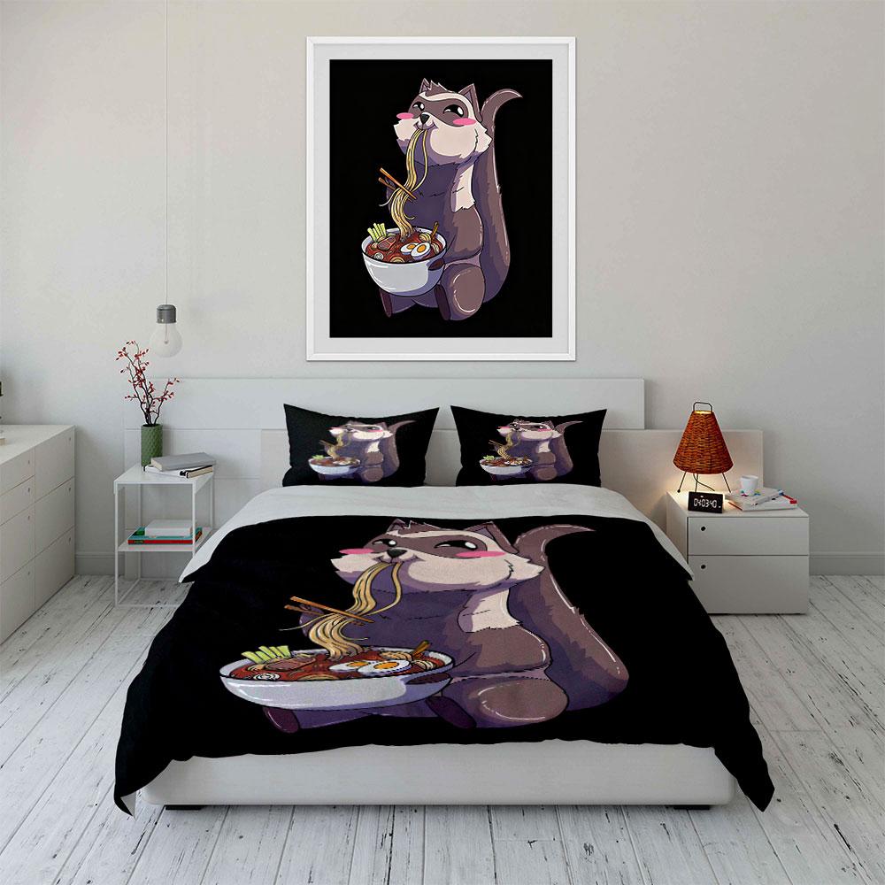Funny Cartoon Raccoon Noodle Set Soft Comfortable Duvet Cover Bedding Set Included 1*Duvet Cover & 2*Pillowcases, Gift