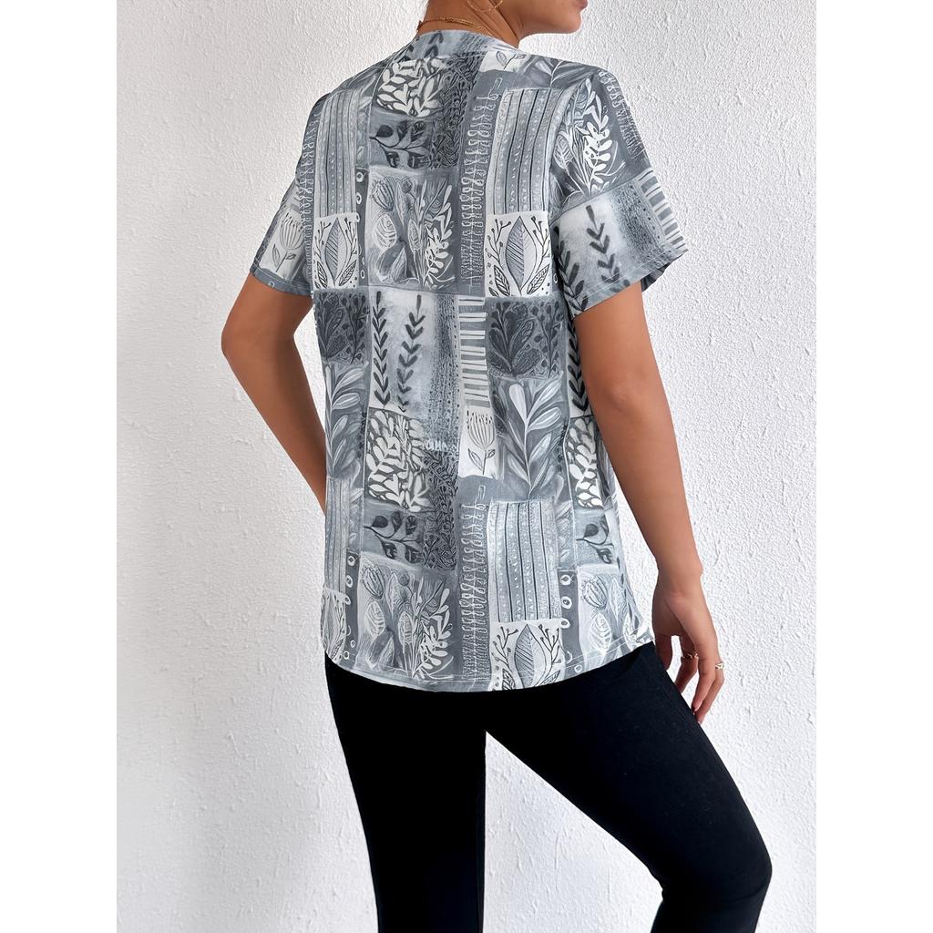 Summer Spring Women's Printed Short Sleeve Cardigan T-shirt, Fashion Casual Tops for Women, European American Style Crossbody Outwear
