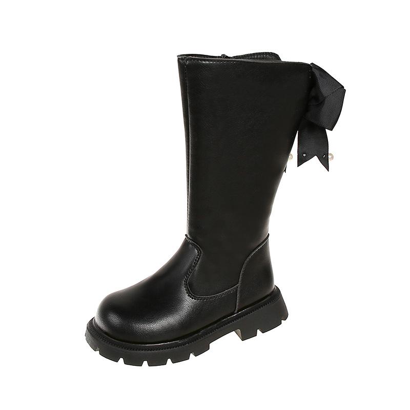 2024 Autumn/Winter New Style Girls Black Fashion Long Boots - Little Girl Bow Korean Version High Leather Boots