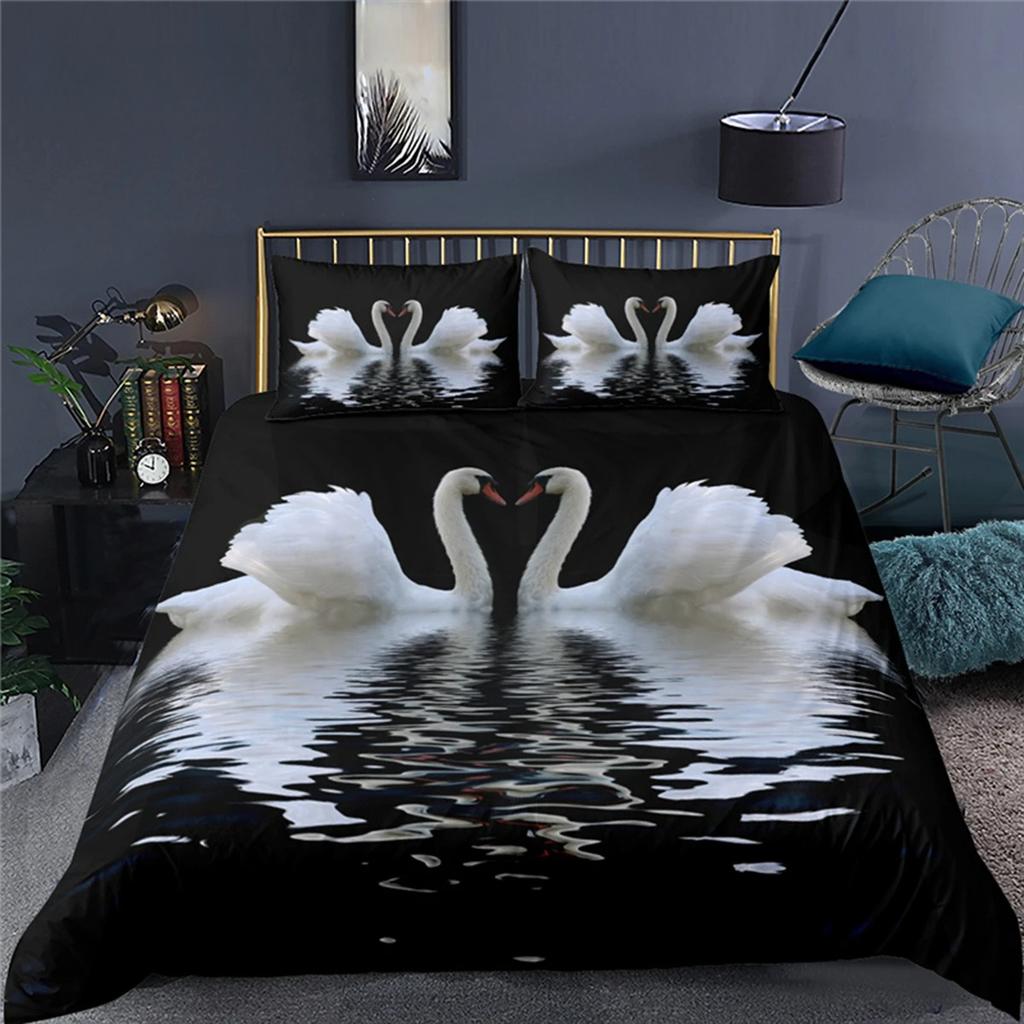 Luxury 3D Swan Print Home Living Comfortable Duvet Cover Pillowcase Kid Bedding Set Queen and King EU/US/AU/UK Size