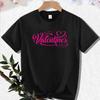 [Casual Wear] Happy Valentine's Women's White T-Shirt - Pink Lettering, Short Sleeve Crew Neck, Casual Polyester Top, Machi
