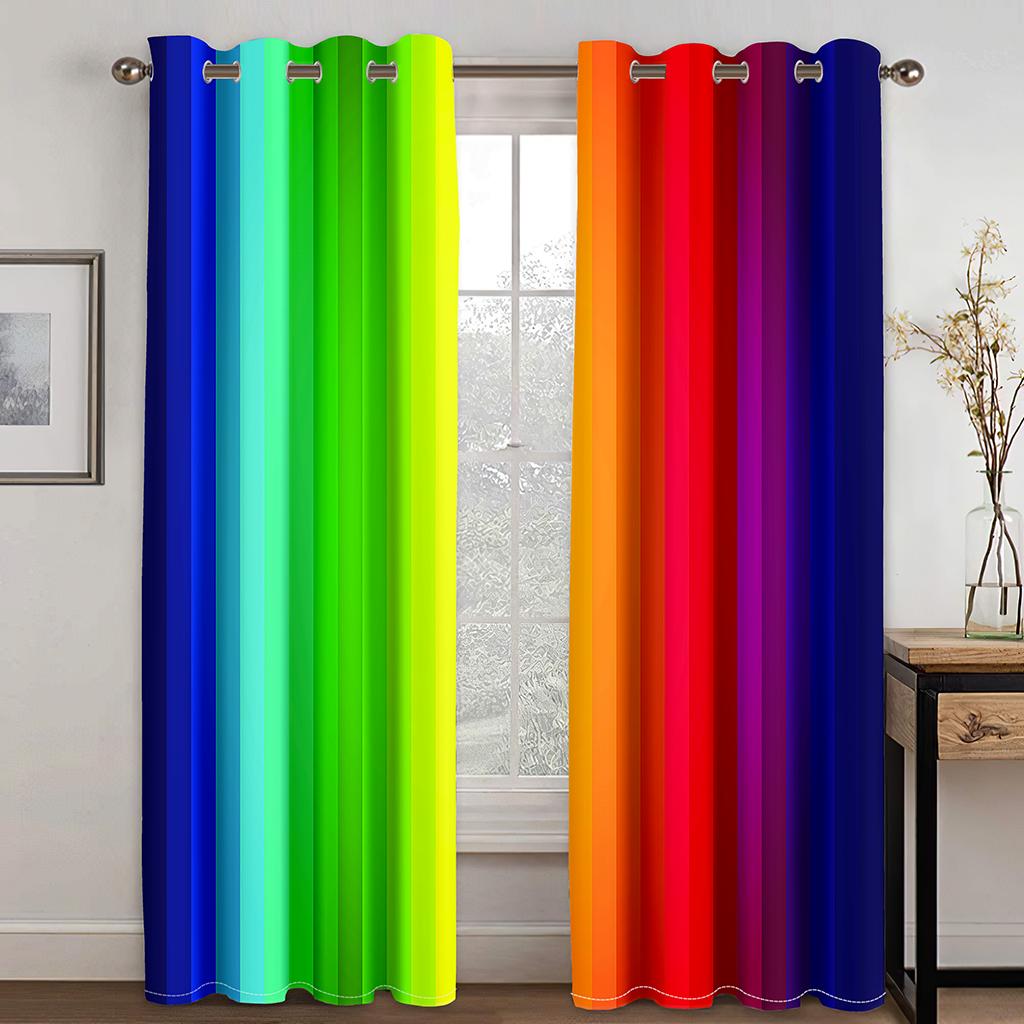 Regenbogen-gestreifte Vorhänge, farbenfrohe, lebendige vertikale Streifen, 3D-Druckmuster, Vorhänge für Wohnzimmer, 2-teiliges Set