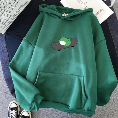 Sweat à capuche surdimensionné avec cordon de serrage pour femme, imprimé grenouille, skateboard, automne et hiver