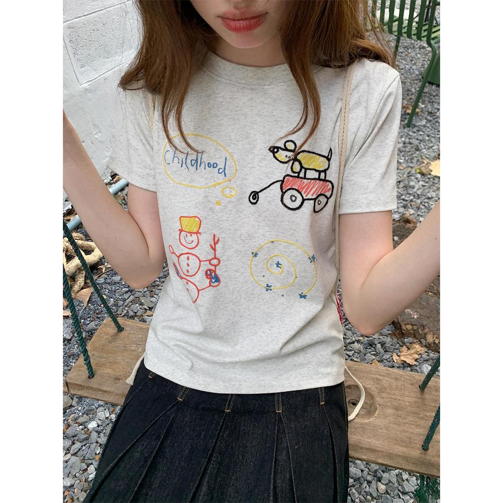 Women's Crew Neck Short Sleeve Graphic Tee Oversized Casual T Shirt Cartoon Embroidery Print Summer Top