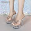 15CM Clear PVC Platform Heel Mules Sandals Rhinestone Butterfly Decor Peep Toe Shoes Fashion Footwear Slip-On Slippers White