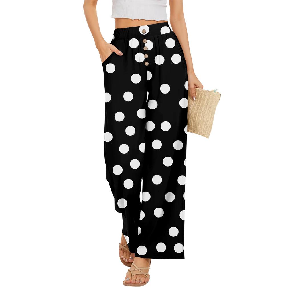 Calças Largas Femininas com Estampa de Bolinhas e Cintura Elástica com Botão e Bolsos para Uso Casual de Verão