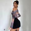 Women's Off Shoulder Long Sleeve Slim Fit Street Print Mesh Blouse T-Shirt