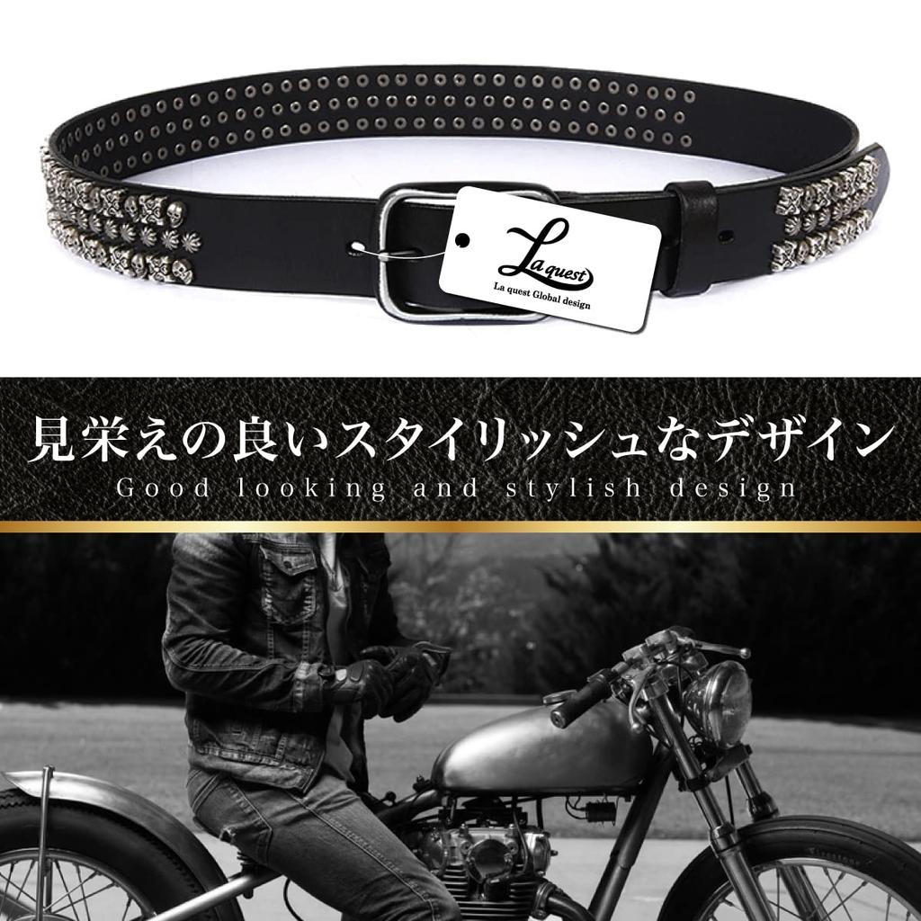 [Laquest] Skull Stud Belt for Men, Genuine Leather, Skull Studs, Leather, Rock, Metal, Visual Kei, Punk, Buckle (2. Brown)