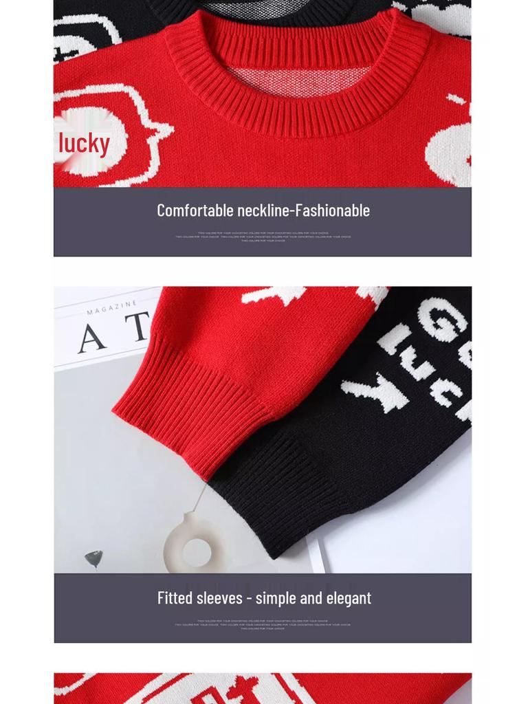 Herrstorlek Festlig Röd Stickad Tröja - Stjärntecken Rund Hals, Höst/Vinter, Exklusiv Känsla, Perfekt för Par