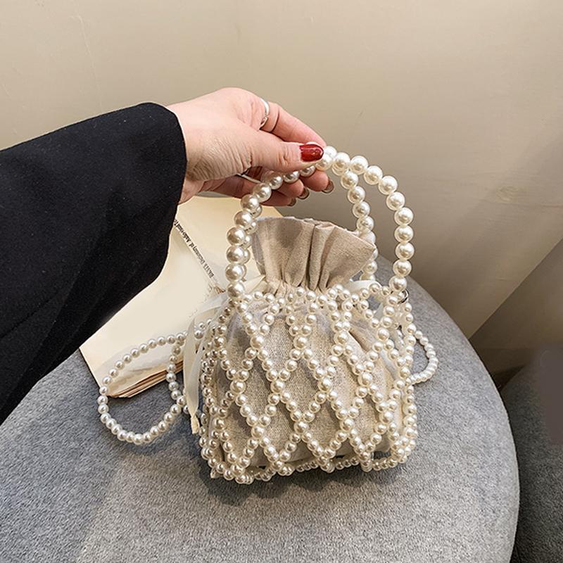 Luxus Perlen Damen Eimer-Tragetasche Gewebte Perlen Umhängetaschen für Damen Kleine Geldbörse Handtasche Lässiger Kordelzug Damen Münzbörse
