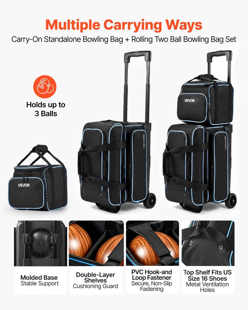 VEVOR 3 Ball Bowling Bag Double Roller Bag with Separate Shoe Compartment, for Bowling Shoes (Up To US Men Size 16), Rolling Ball Bag w/ Wheel