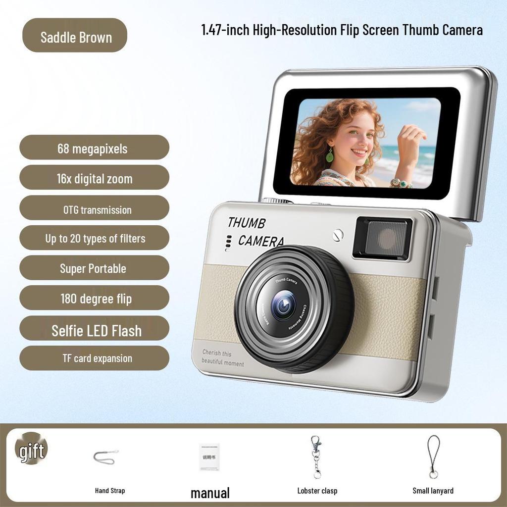 Retro Flip Screen Mini Camera for Students - Portable HD Photo & Video Recorder with Lanyard