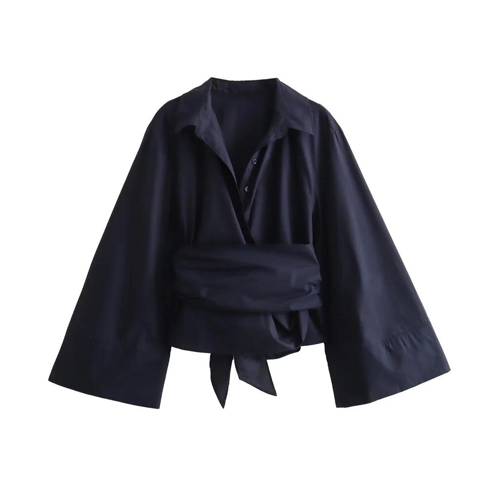 New Women's Fashion Casual Polo Neck Bow Tie Up Short Edition Double Breasted Poplin Shirt