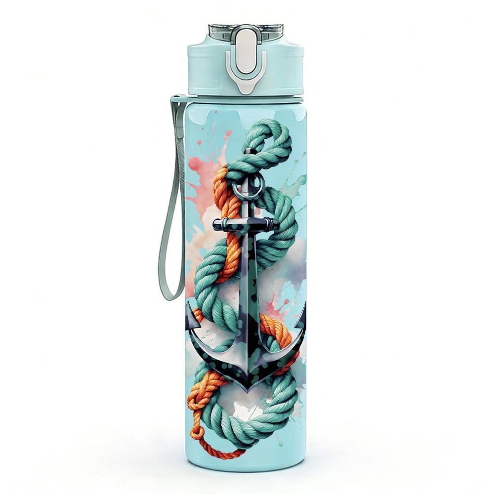 1PC Anchor Watercolor Splash Print 750ml Color Plastic Sports Water Bottle Leakproof Flip Straw Lid Suitable for Sports Office Home Use