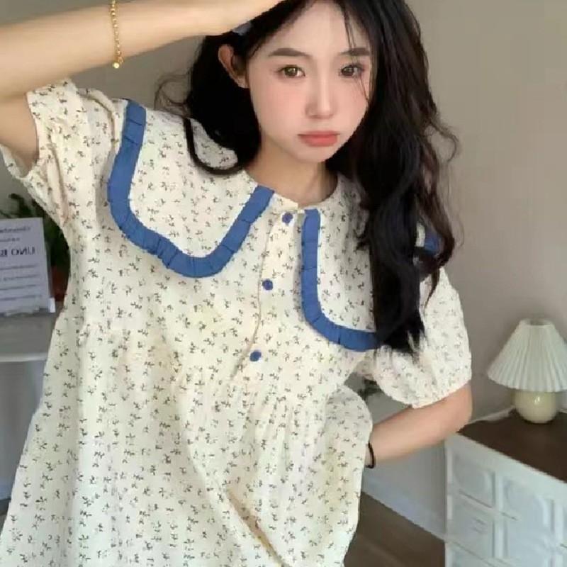 Summer Girl Sleepwear Set With Doll Collar And Floral Print Made Of Milk Silk For Cozy Home And Sleep Comfort