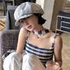 Vintage striped pleated beret women's spring summer niche irregular large head circumference showing face small sunscreen painter hat
