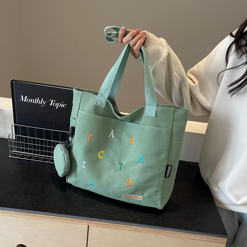 Large Capacity Canvas Tote Bag For Women Stylish Embroidered Letter Design For School