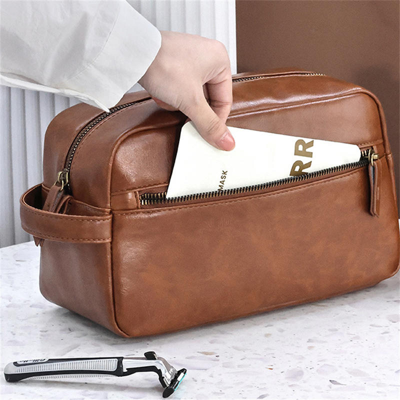 Men PU Leather Wash Bag Travel Business Trips Portable Cosmetic Bag Large Capacity Multi Pocket Design Handheld business trip Wash Bag