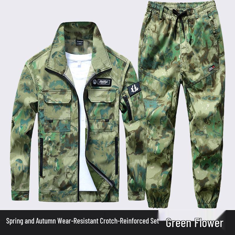 Men's Durable Camouflage Workwear Set: Wear-Resistant, Tear-Resistant, Dirt-Resistant Overalls for Outdoor, Auto Repair, and Labor Protection.