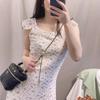 French Vintage Floral Small Fly-sleeve Dress for Women, New Summer Niche Waist-cinching Slimming Sweet Long Skirt