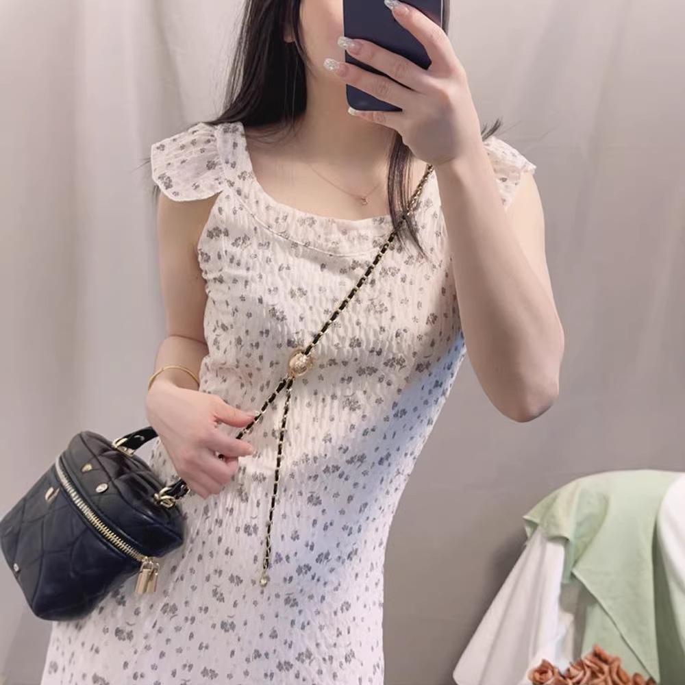 French Vintage Floral Small Fly-sleeve Dress for Women, New Summer Niche Waist-cinching Slimming Sweet Long Skirt