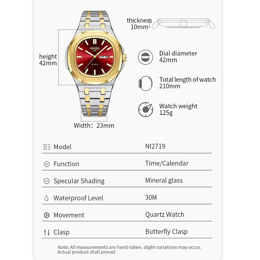 Waterproof Mens Square Quartz Watch Luminous Day Date Display Steel Strap Classic Casual Daily Wristwatch