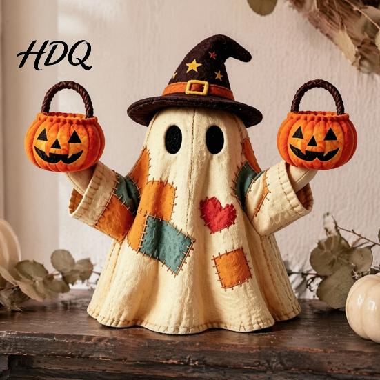 Classroom Halloween Desk Accessories Lighted Vintage Patchwork Ghost, LED Light Up Ghost with Pumpkin Lantern, Spooky Rustic Retro Home Refresh Items