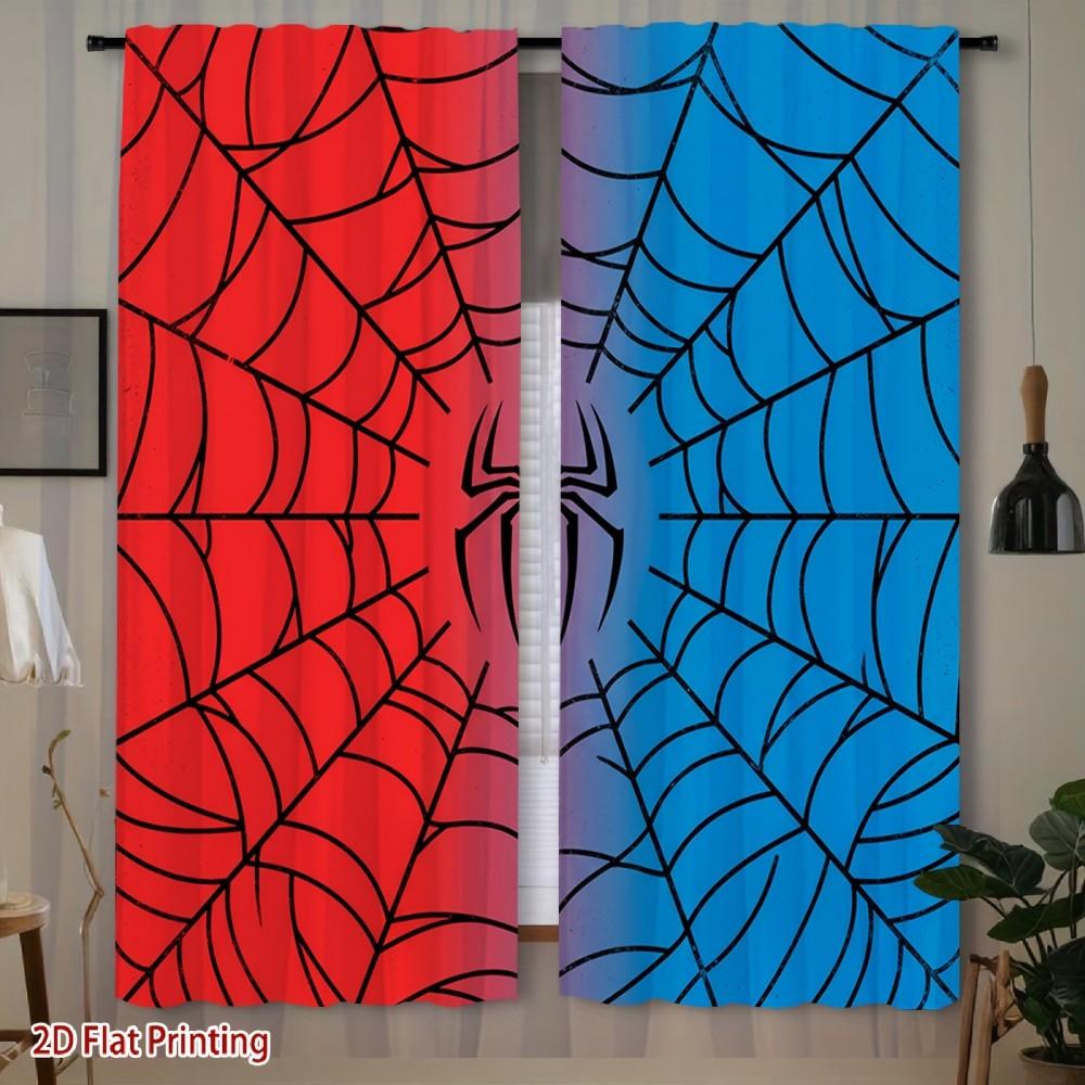 2PCS Halloween Curtains, Red Blue Spider Web, Digital Print, Bedroom Living Room, Office, Kitchen, Bathroom, Polyester
