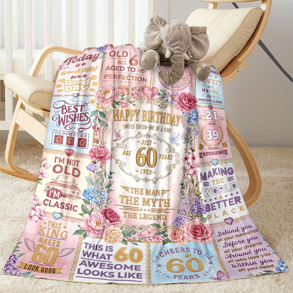 Happy 60th Birthday Celebration Flannel Blanket-Soft and Suitable for Sofas,Beds,Offices,Travel,All Seasons,Great Gift for Holidays and Birthdays.