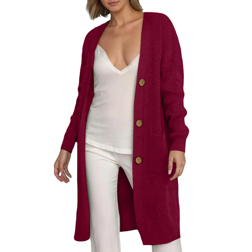 Women's Solid Color Long Sleeved Knee Length Knitted Cardigan, Lazy Trend, Medium Long Hair Jacket