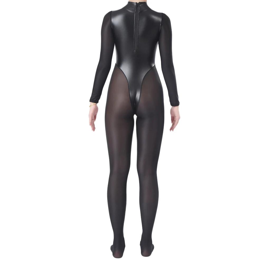 Sexy Women Pu Mesh High Cut Bodysuit Oil Glossy Shiny Elastic Yoga Shaping Tights Sheer See Through Maid Leotard Stage Wear