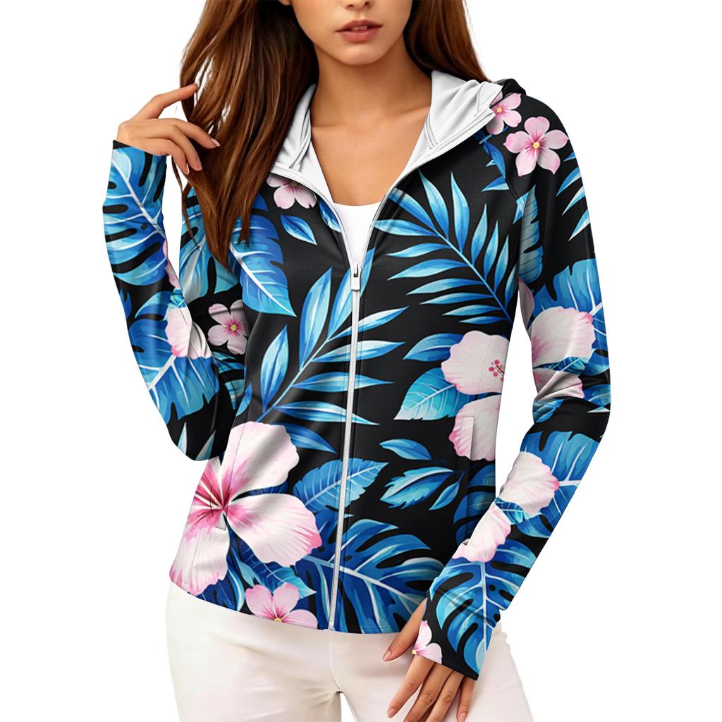 Women's Lightweight Zip-Up Hoodie with Hood and Pockets Hawaiian Print Long Sleeve Sun Protection Jacket for Outdoor Activities