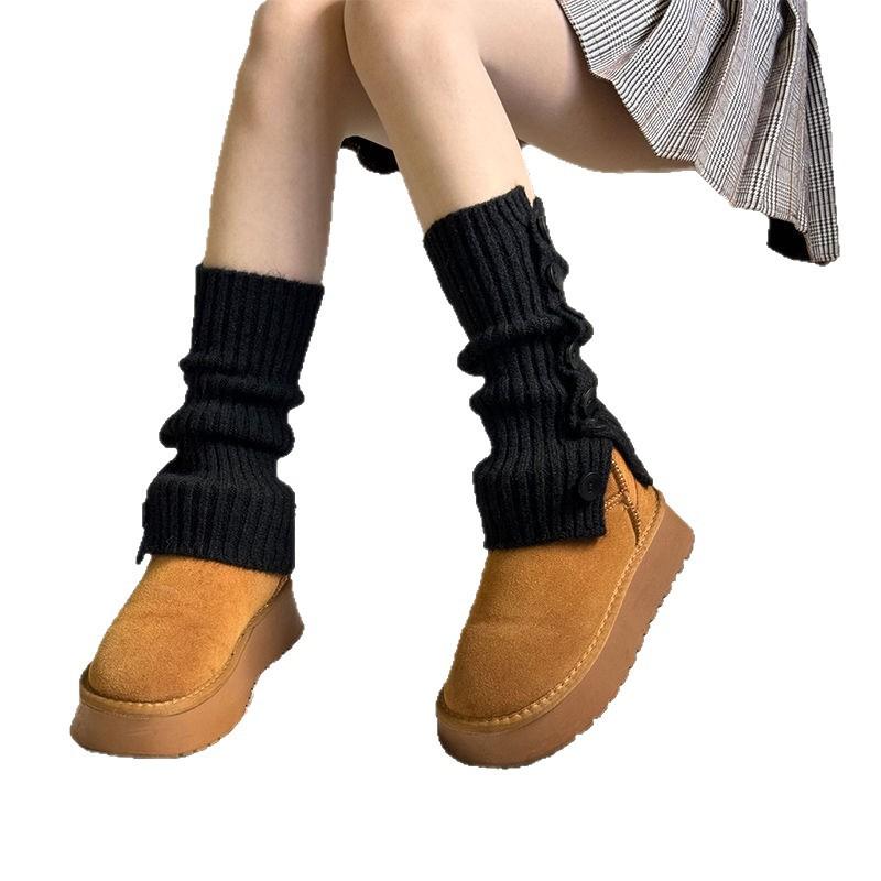 Autumn And Winter Side Split Buttons Stacked Socks Cover Women'S Knitted Warm Slightly Wide Legs Middle Tube Pit Strip Thin Calf Cover
