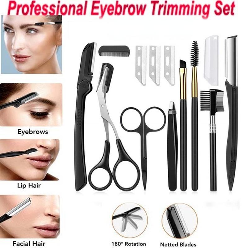 12Pcs Black Eyebrow Trimming Scissors Stainless Steel Tweezers Eyebrow Scraping Eyebrow Comb Razor Eyebrow Clip Makeup Tools Sets