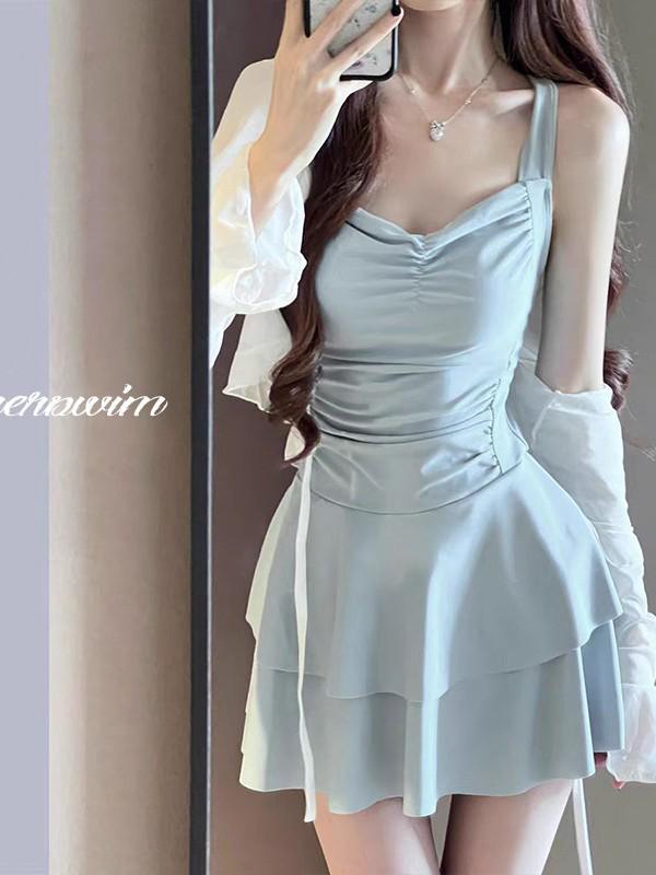 Süßer Damen-Falten-Push-Up-Badeanzug mit Feen-Design, einfarbig, ideal für kleine Brüste und leicht übergewichtige Figuren