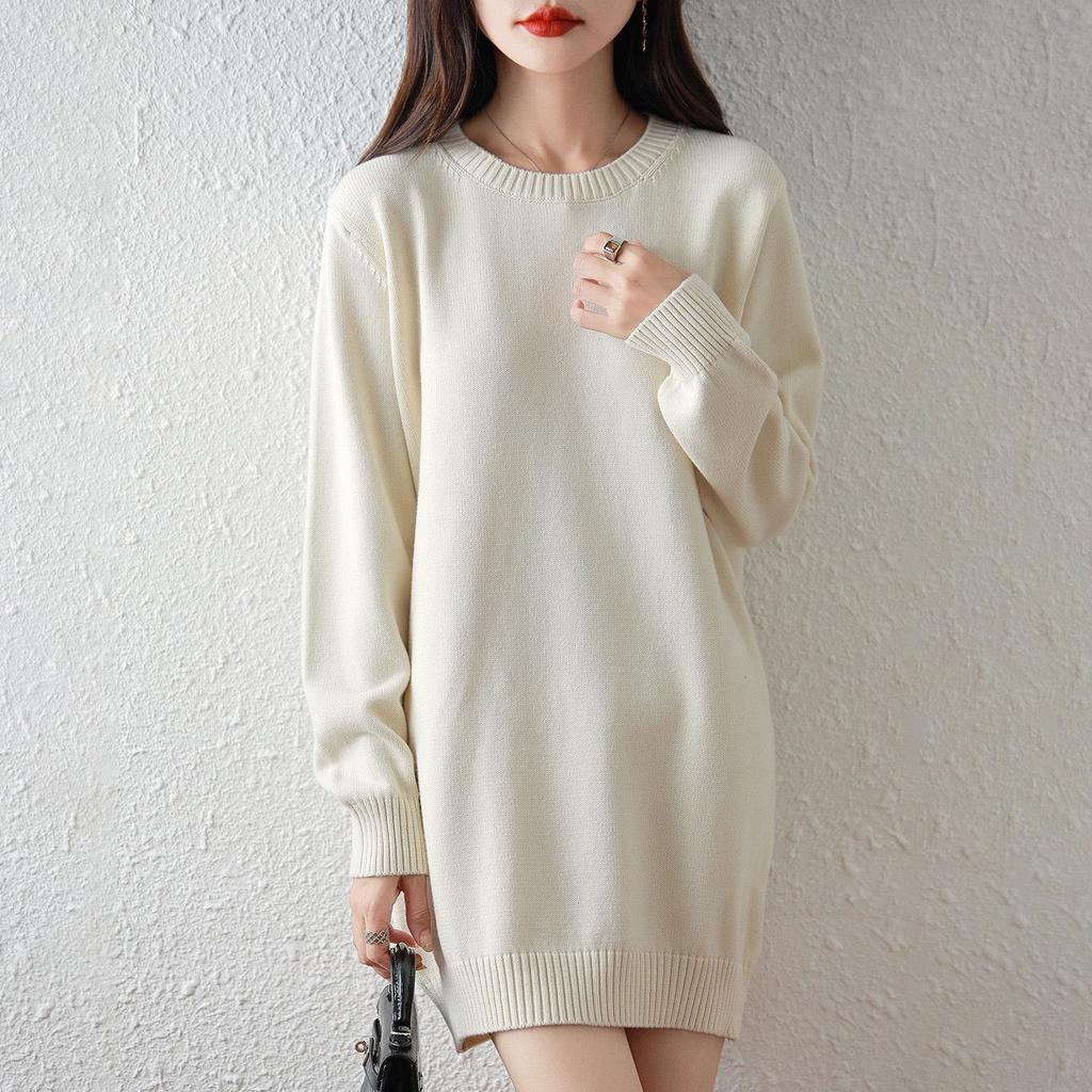Women's Mid-Length Knitted Cotton Sweater Dress - Solid Color, Round Neck, Thick, Hip-Wrapping, Loose Fit