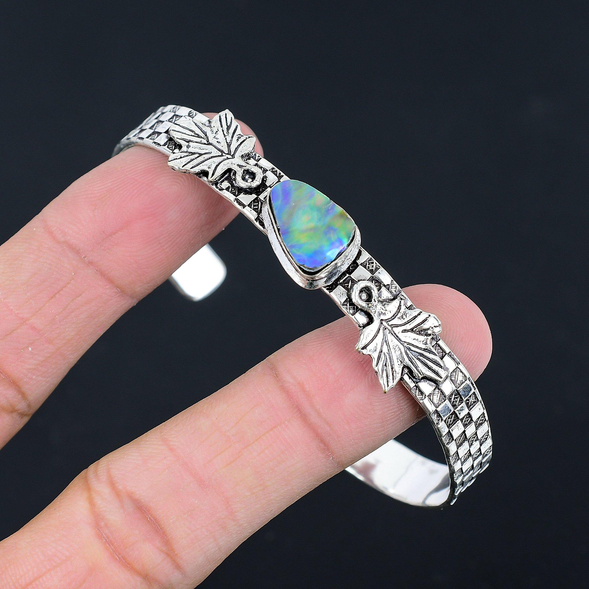 

Natural Abalone Shell 925 Sterling Silver Sister Birthday Flower Bangle Jewelry Adjustable