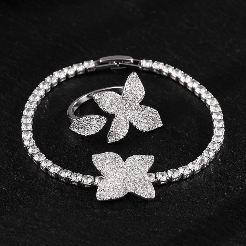 ZAKOL Luxury Brilliant Full Micro-inlaid Zircon Leaf Flower Bracelet Ring for Women Buling CZ Engagement Wedding Party Zircon