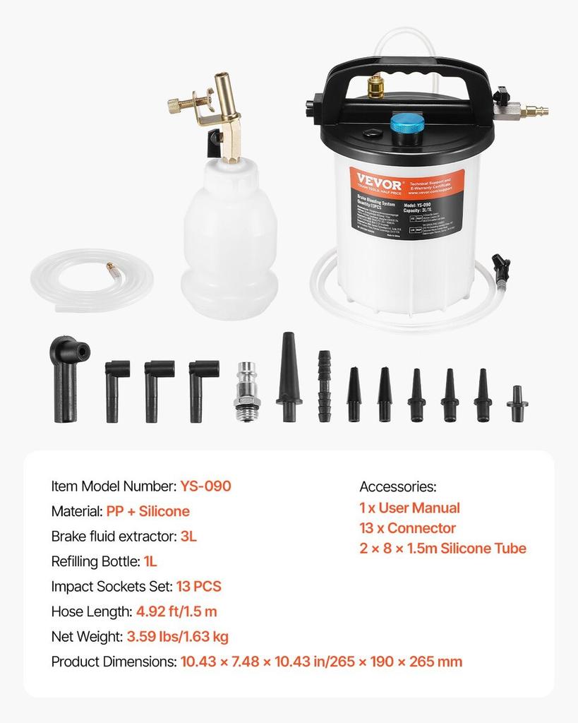 3L Brake Fluid Extractor Brake Bleeder Kit with 13 Hose Connectors