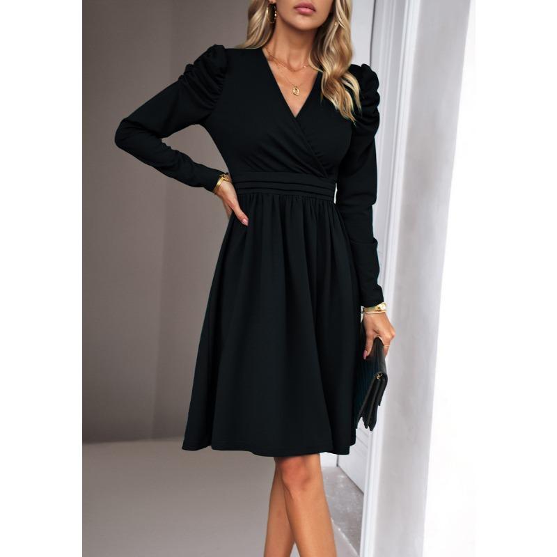 Women's Elegant Sold Color V-neck Long Sleeve Dress