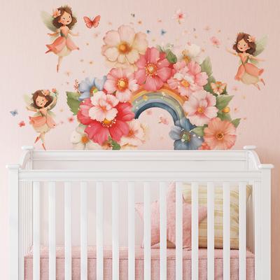 Cartoon Blume Regenbogen und Schmetterling Fee Schlafzimmer Zuhause Hintergrund Wanddekorationsaufkleber