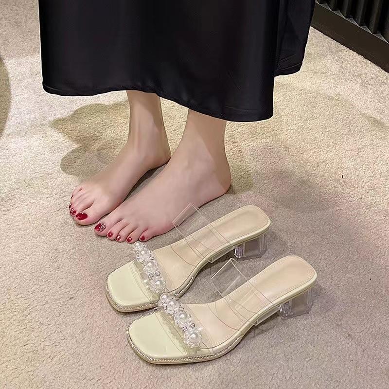 Summer Transparent Women's Slippers Square Toe Ladies Sandals Glitter Crystal Pearl Studs Sandals Comfortable Elegant Slippers
