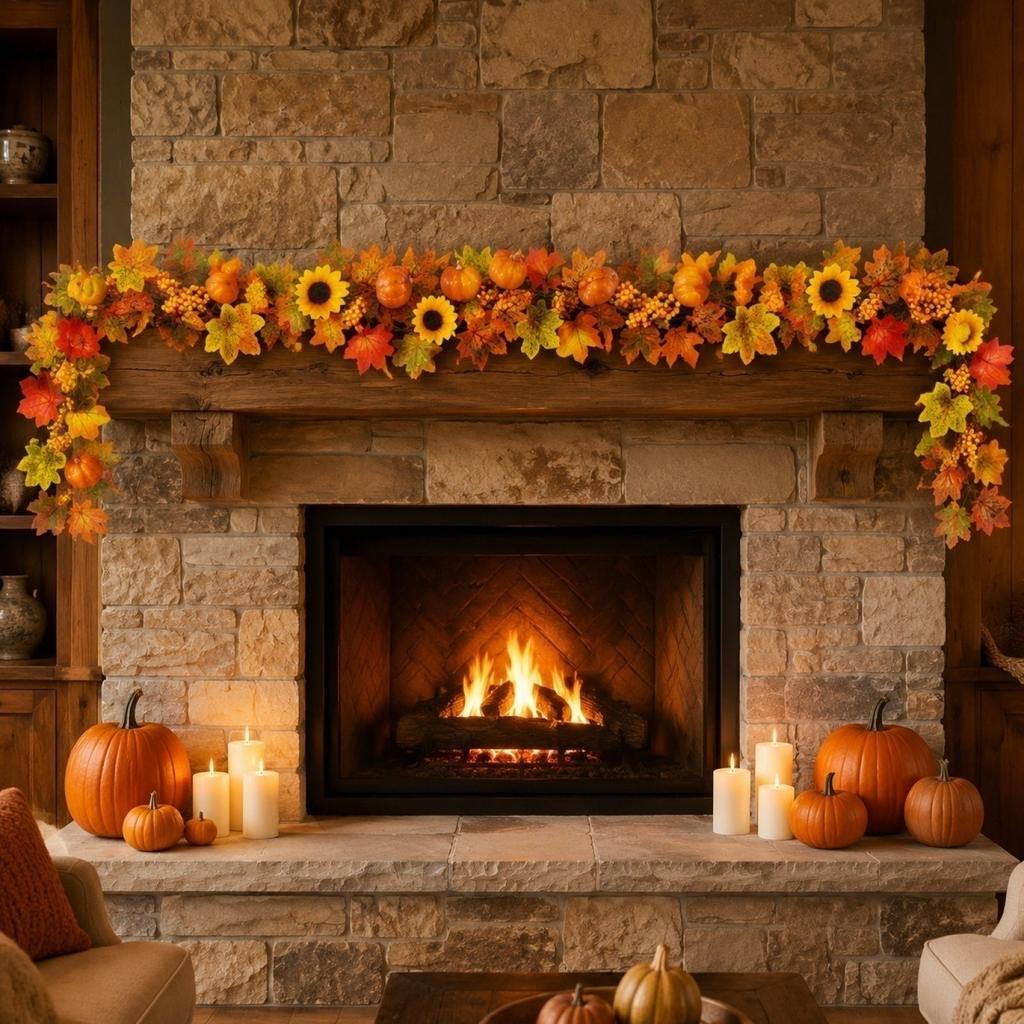 Artificial Pumpkin Sunflower Maple Leaf Garland for Autumn Harvest Festival Halloween Thanksgiving Indoor Outdoor Decor