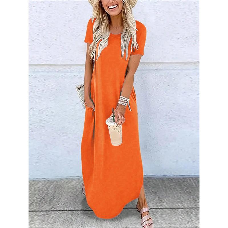 Women Short Sleeve Long Dress With Pockets Casual Oversized Round Neck Beach Dress Female Split Loose Fit Summer Dress Vestidos