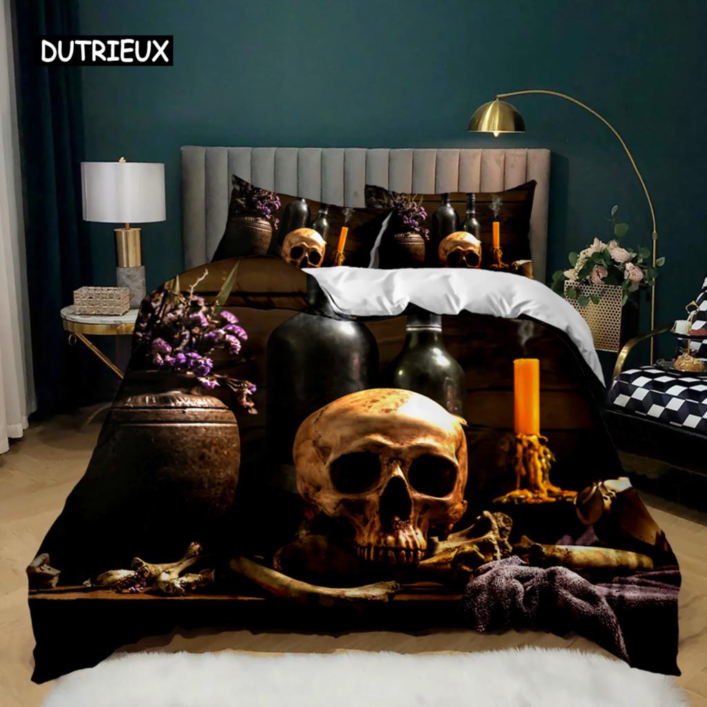 

Комплект постельного белья с изображением черепа, ужасный комплект постельного белья со скелетом, постельное белье на Хэллоуин, готический ужас, полиэстер, пододеяльник, двуспальный, двуспальный, королевский EU single(135x200cm)