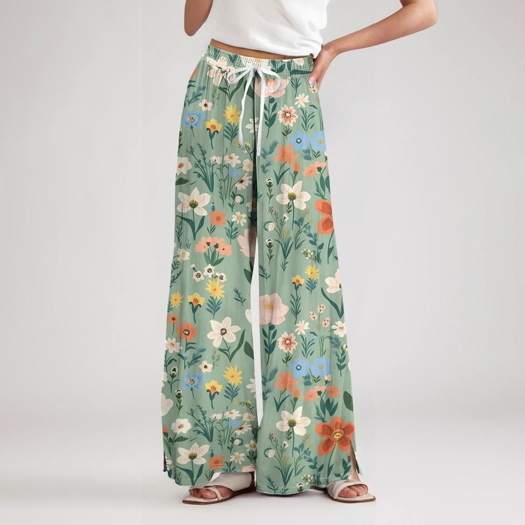 Women's Loose Casual Floral Print Wide Leg Pants With Elastic Waist Drawstring And Pocket Pants